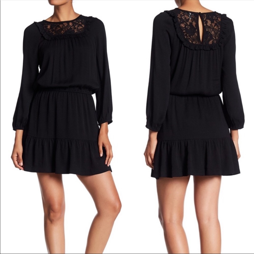 Joie Nikita Ruffled Trim Lace Black Dress Small Party Grunge Long Sleeve